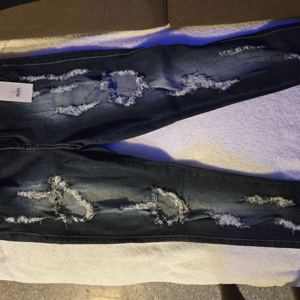Revamped High Rise Distressed Jeans - Dark Blue